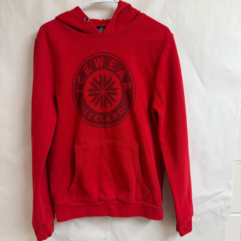 Icewear Iceland‎ Red Hoodie Sweatshirt XS Graphic Logo Pocket Unisex Kangaroo